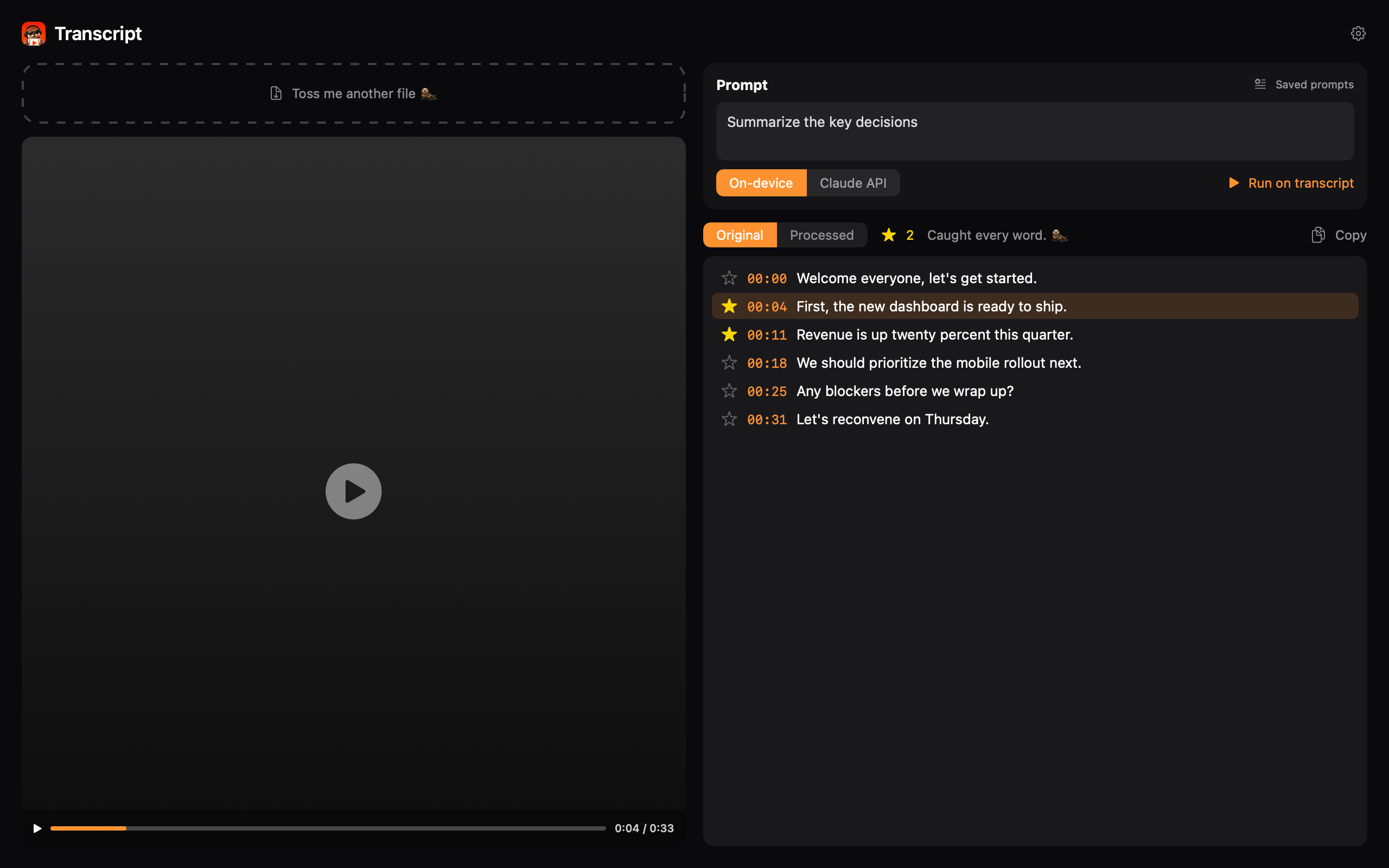 ClipOtter app — video on the left, timestamped transcript on the right